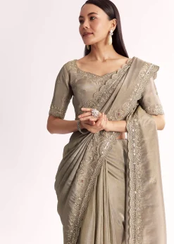 Grey Tissue Saree With Cutdana Sequins Beads And Resham Embroidery