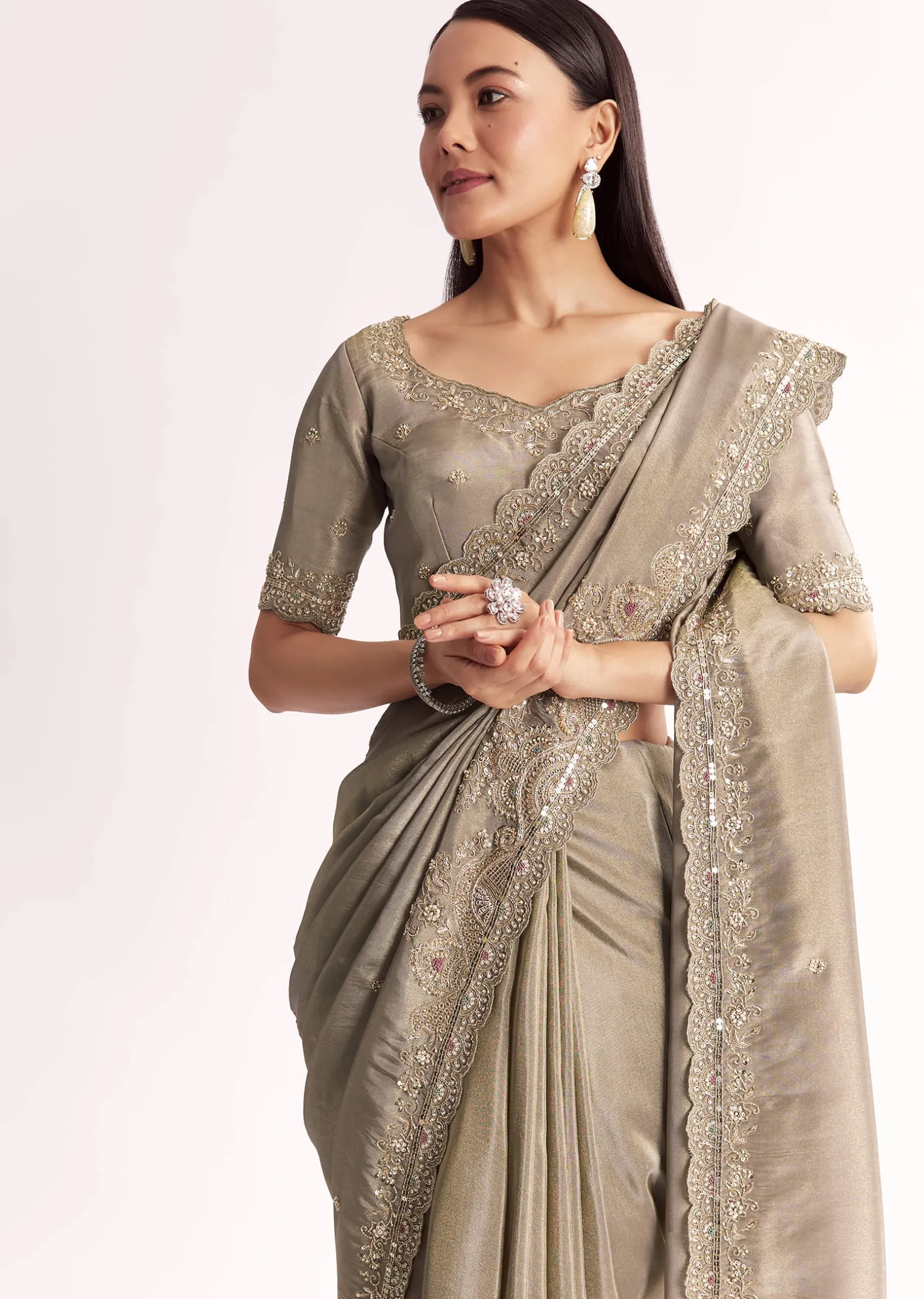 Grey Tissue Saree With Cutdana Sequins Beads And Resham Embroidery