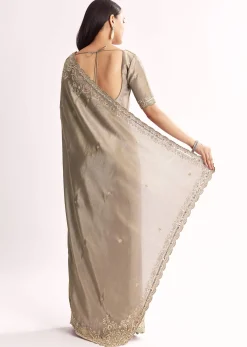 Grey Tissue Saree With Cutdana Sequins Beads And Resham Embroidery