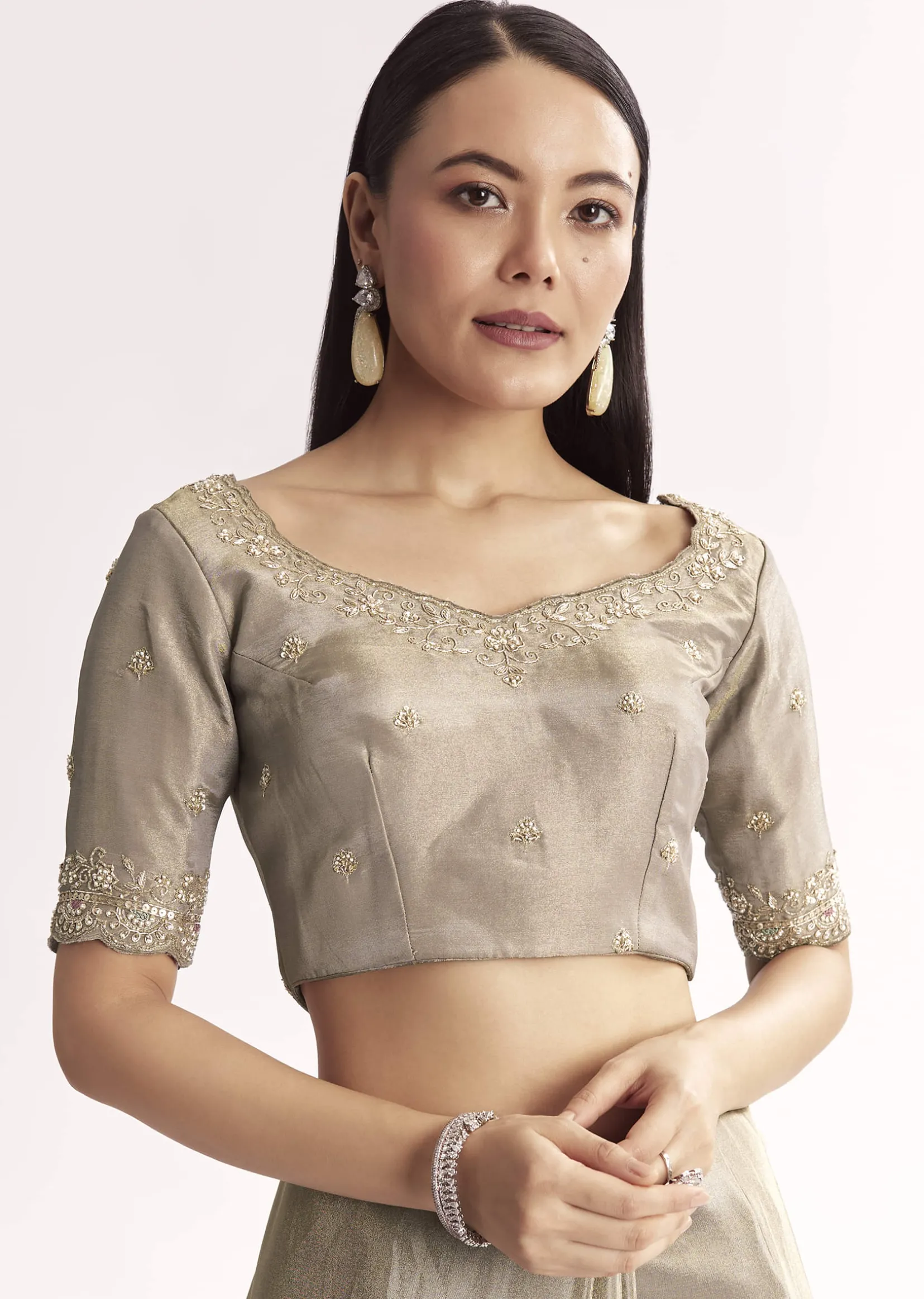 Grey Tissue Saree With Cutdana Sequins Beads And Resham Embroidery