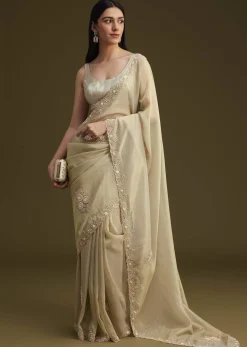 Grey Tissue Saree With Sequins And Cutdana Work