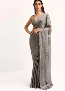 Grey Tissue Saree With Thread And Stone Embroidery And Unstitched Blouse