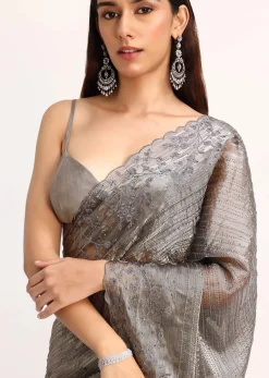 Grey Tissue Saree With Thread And Stone Embroidery And Unstitched Blouse