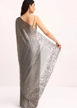 Grey Tissue Saree With Thread And Stone Embroidery And Unstitched Blouse