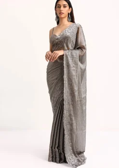 Grey Tissue Saree With Thread And Stone Embroidery And Unstitched Blouse