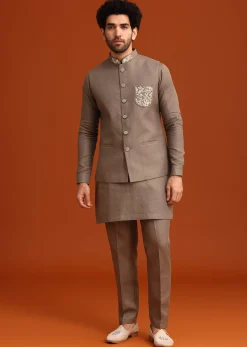 Grey Zardozi Work Linen Jacket Kurta Set
