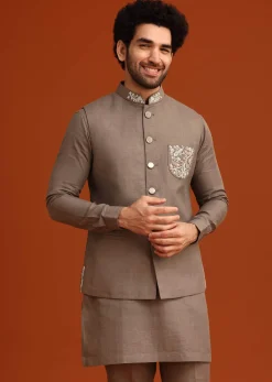 Grey Zardozi Work Linen Jacket Kurta Set