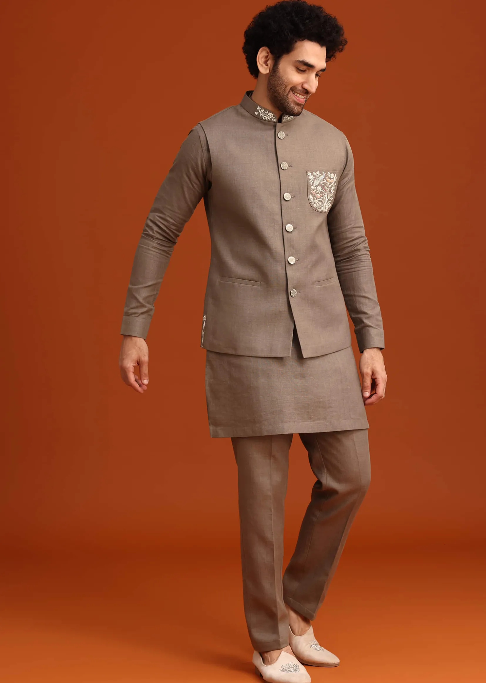 Grey Zardozi Work Linen Jacket Kurta Set