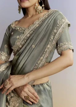 Greyish Blue Tissue Saree With French Knot Resham Embroidery