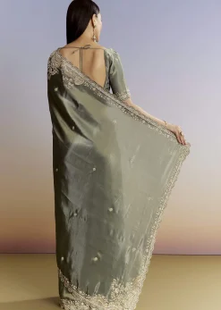 Greyish Blue Tissue Saree With French Knot Resham Embroidery