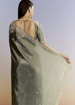 Greyish Blue Tissue Saree With French Knot Resham Embroidery