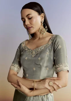 Greyish Blue Tissue Saree With French Knot Resham Embroidery
