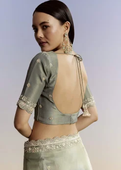 Greyish Blue Tissue Saree With French Knot Resham Embroidery