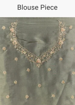 Greyish Blue Tissue Saree With French Knot Resham Embroidery
