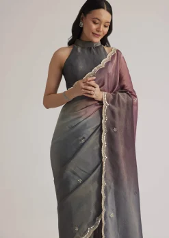 Greyish Purple Ombre Tissue Saree With Scallop Border
