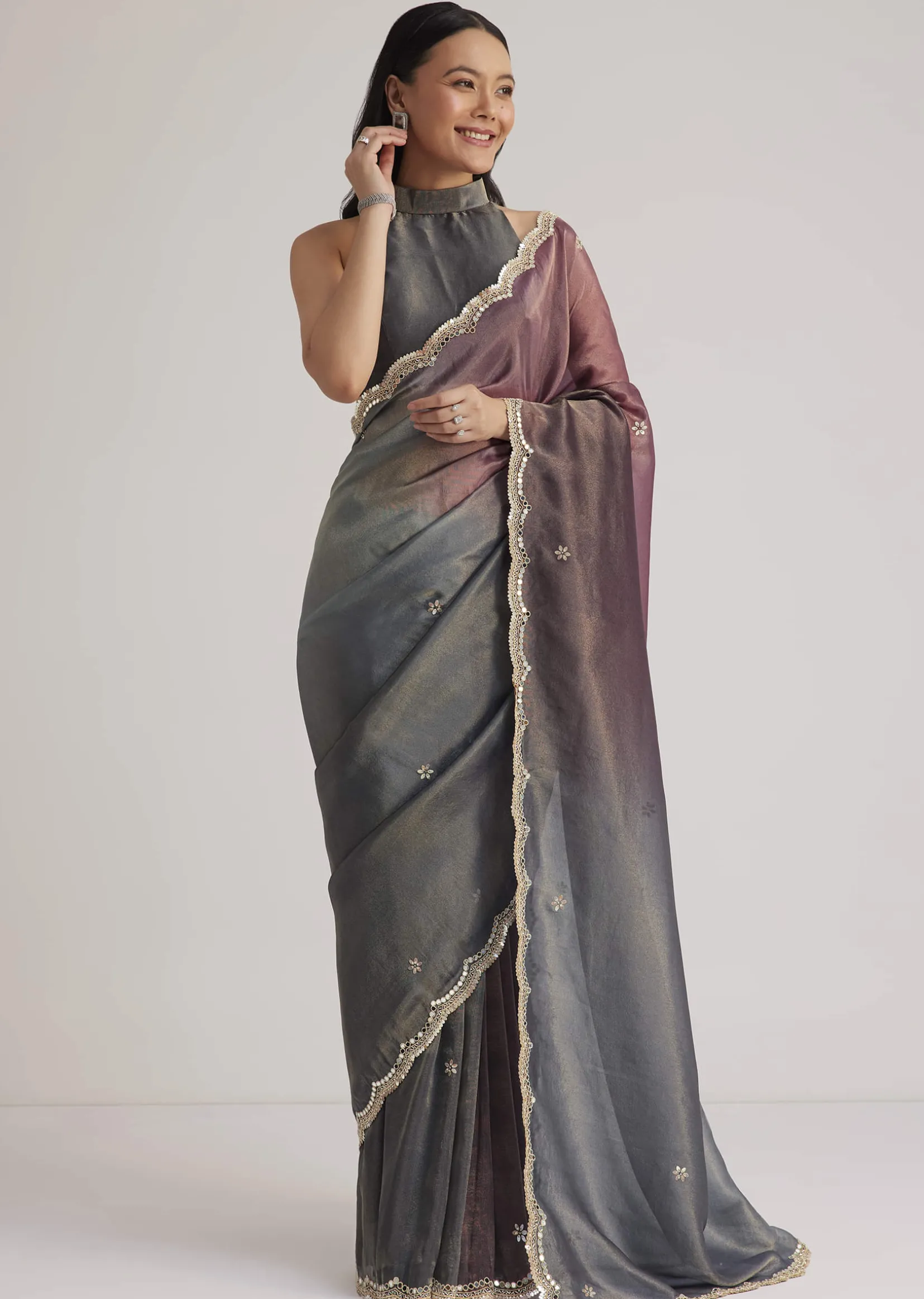 Greyish Purple Ombre Tissue Saree With Scallop Border