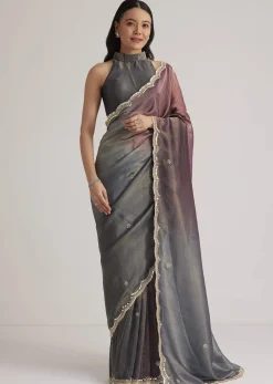 Greyish Purple Ombre Tissue Saree With Scallop Border