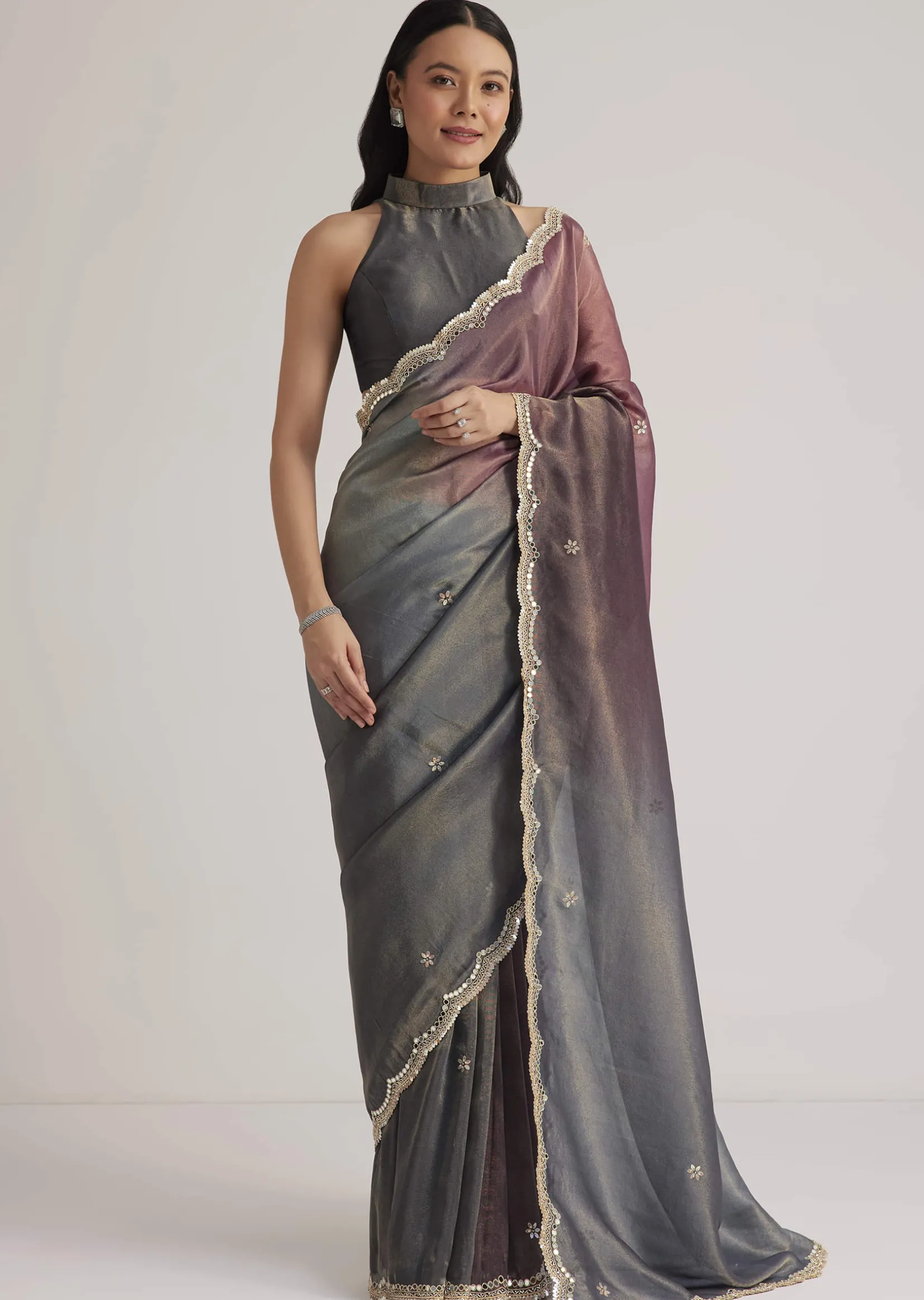 Greyish Purple Ombre Tissue Saree With Scallop Border