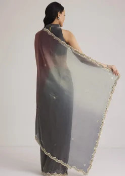 Greyish Purple Ombre Tissue Saree With Scallop Border