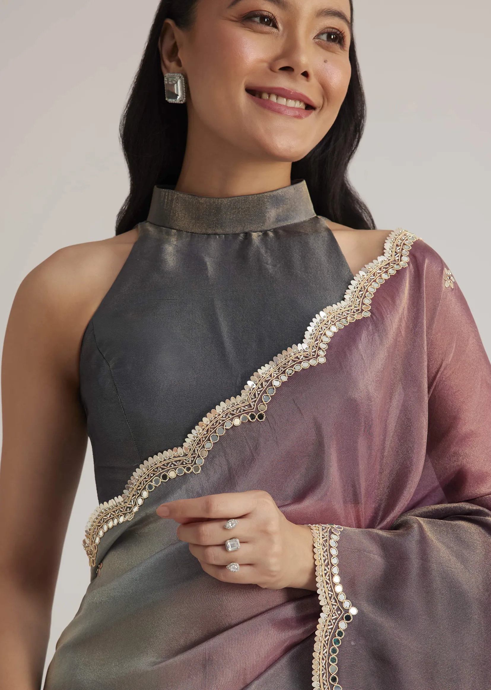 Greyish Purple Ombre Tissue Saree With Scallop Border