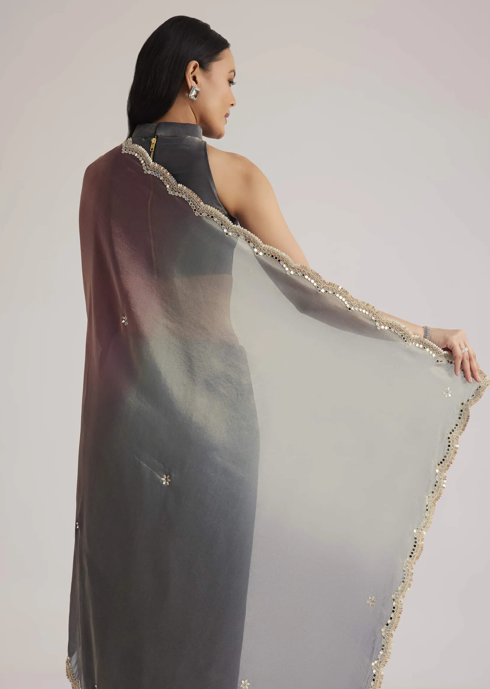 Greyish Purple Ombre Tissue Saree With Scallop Border