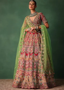 Hand Embroidered Multicolour Thread Work Red Bridal Lehenga Set With Dupatta