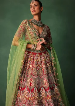 Hand Embroidered Multicolour Thread Work Red Bridal Lehenga Set With Dupatta