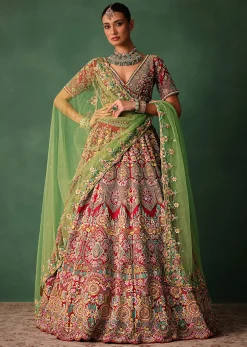Hand Embroidered Multicolour Thread Work Red Bridal Lehenga Set With Dupatta