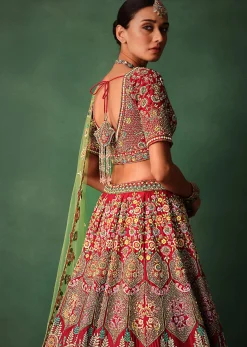 Hand Embroidered Multicolour Thread Work Red Bridal Lehenga Set With Dupatta