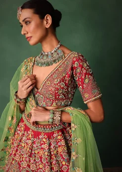 Hand Embroidered Multicolour Thread Work Red Bridal Lehenga Set With Dupatta