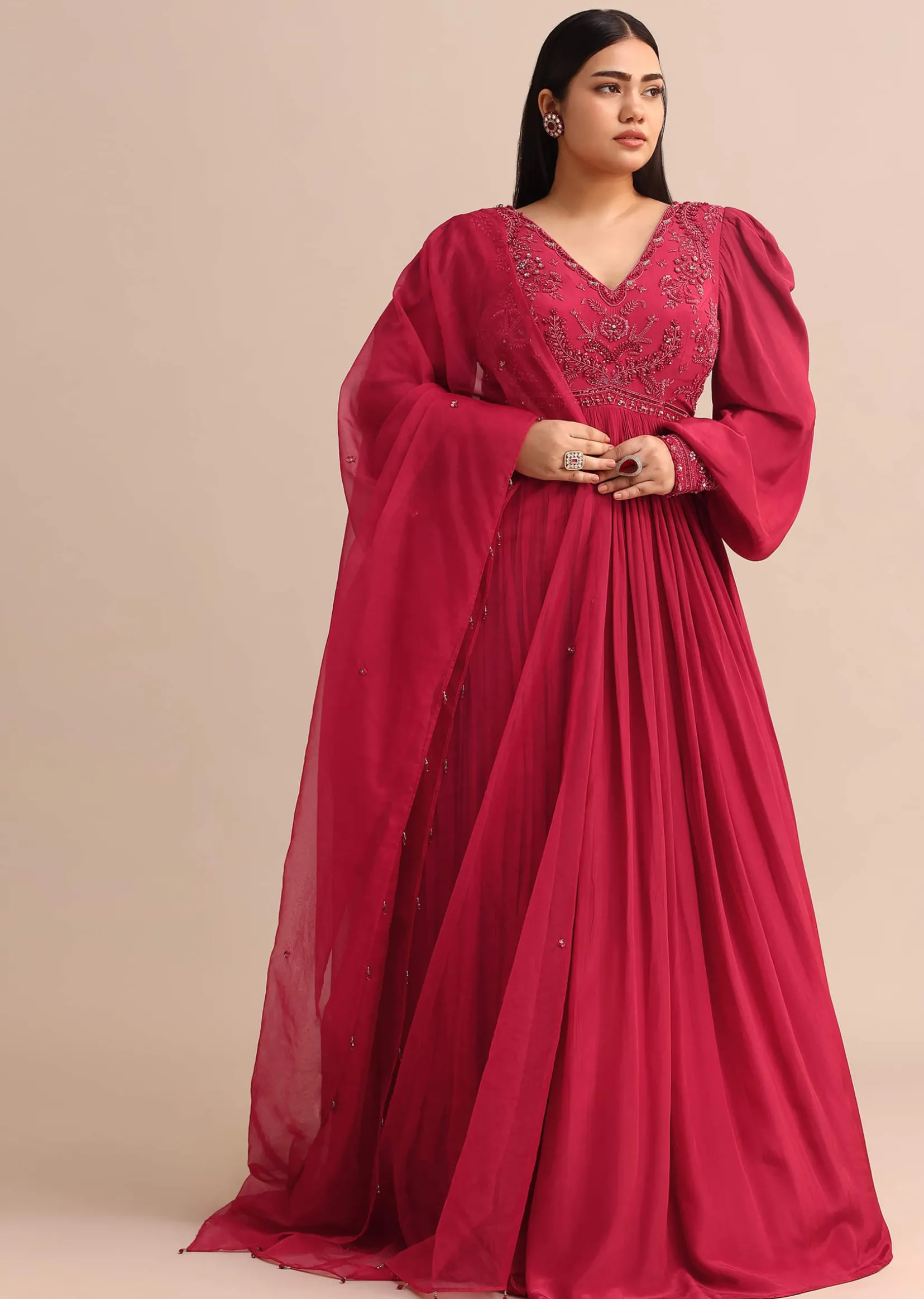 Hand Embroidery Red Anarkali Suit With Organza Dupatta