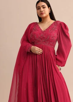Hand Embroidery Red Anarkali Suit With Organza Dupatta