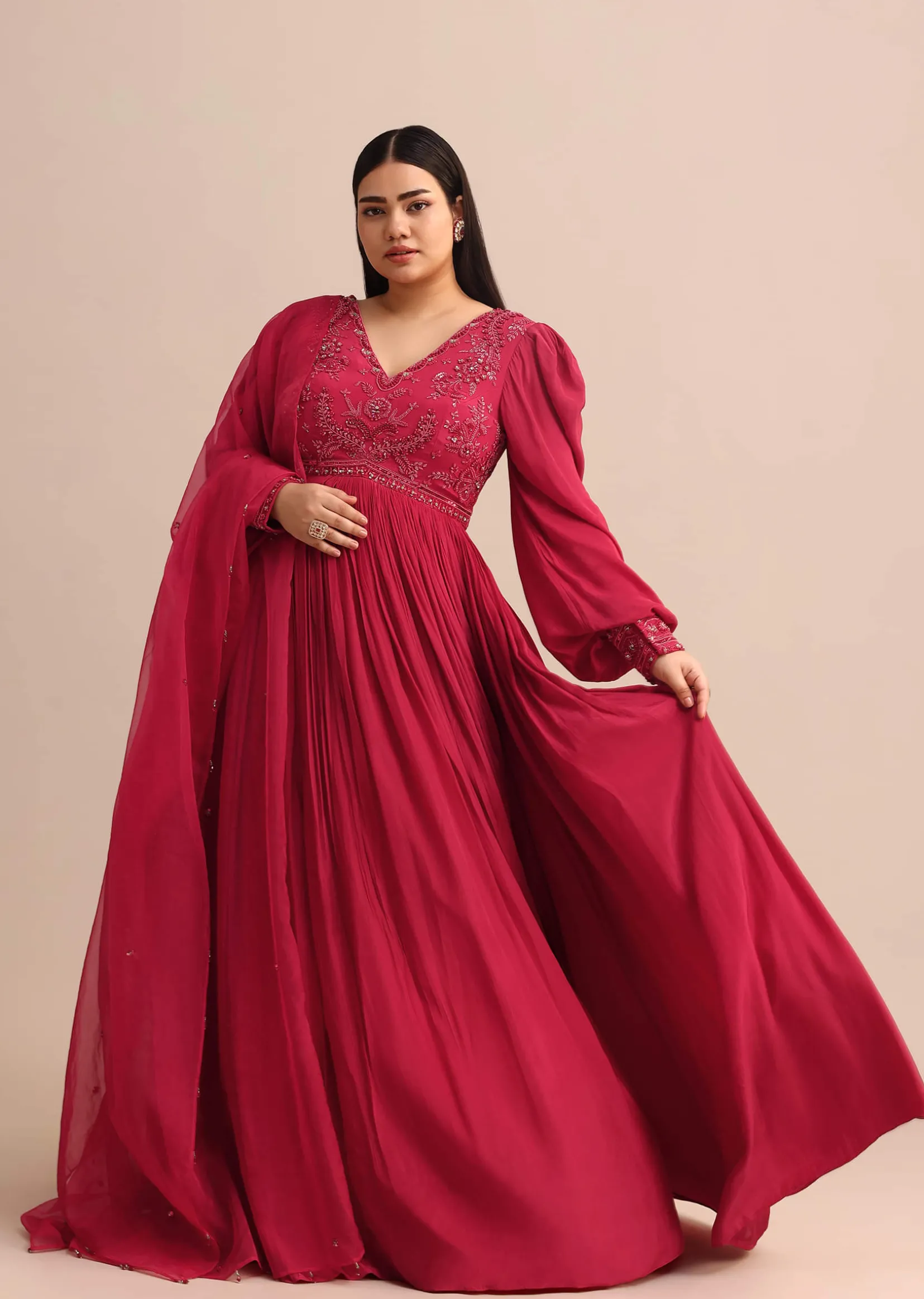Hand Embroidery Red Anarkali Suit With Organza Dupatta
