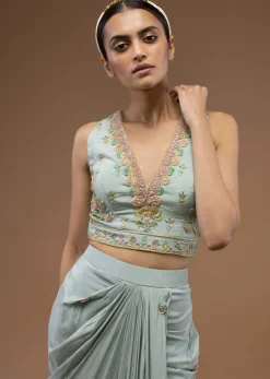Harbor Grey-Green Mermaid Skirt And A Crop Top Set In 3D Cut Dana Motifs Embroidery, Paired With A Crop Top With A Plunging V Neckline