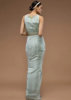 Harbor Grey-Green Mermaid Skirt And A Crop Top Set In 3D Cut Dana Motifs Embroidery, Paired With A Crop Top With A Plunging V Neckline