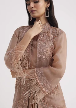 Hazelnut Beige Crop Top And Skirt With Embroidered Jacket