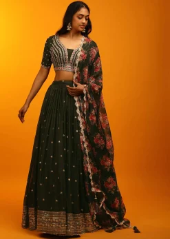 Henna Green Lehenga Choli With Zari Embroidery And Floral Printed Dupatta