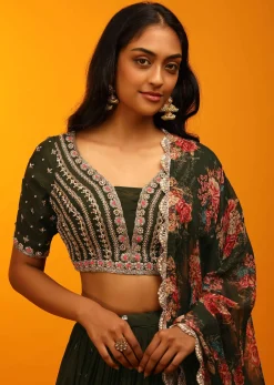 Henna Green Lehenga Choli With Zari Embroidery And Floral Printed Dupatta