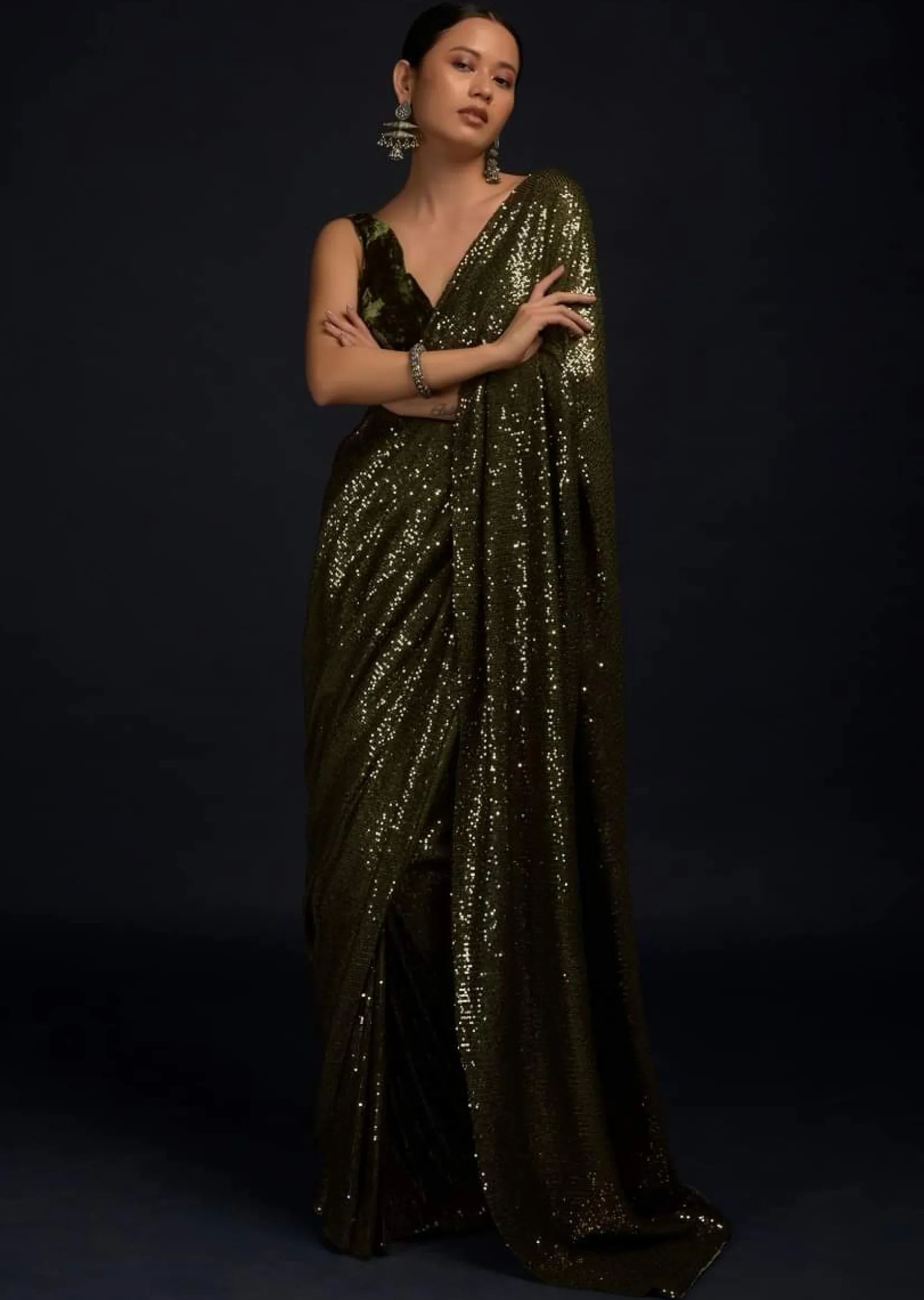 Henna Green Ready Pleated Saree Embellished In Sequins With A Matching Velvet Blouse With Plunging Neckline