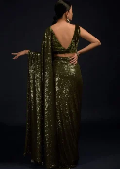 Henna Green Ready Pleated Saree Embellished In Sequins With A Matching Velvet Blouse With Plunging Neckline