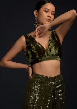 Henna Green Ready Pleated Saree Embellished In Sequins With A Matching Velvet Blouse With Plunging Neckline