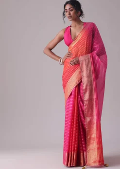 High-Risk Red Woven Ombre Saree In Organza