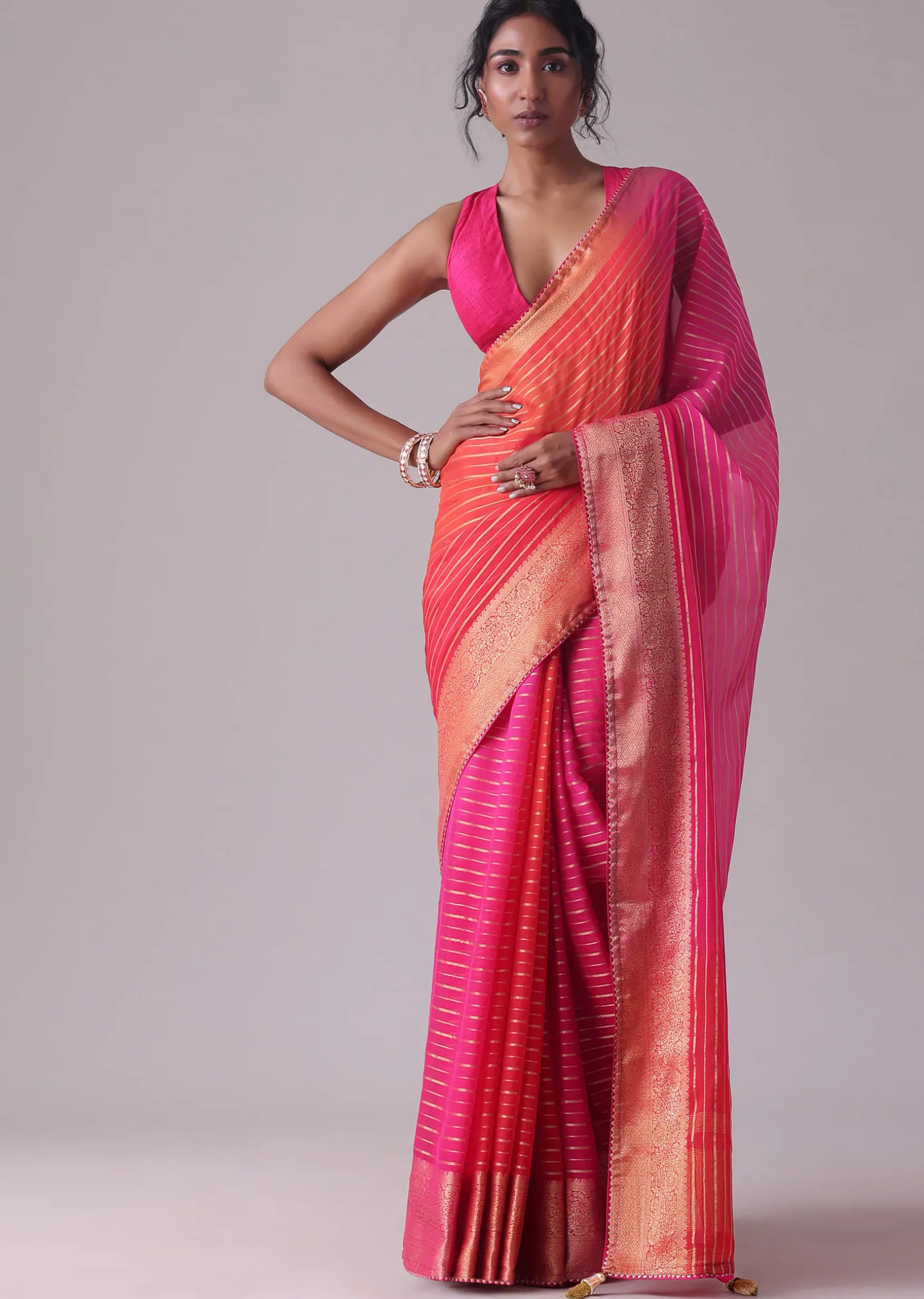 High-Risk Red Woven Ombre Saree In Organza