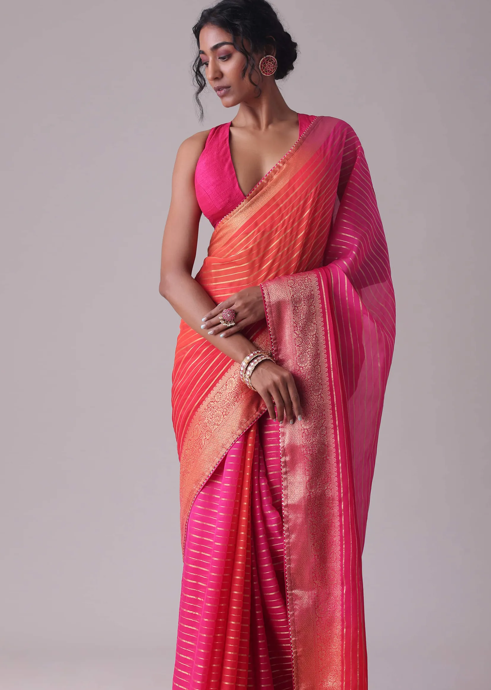 High-Risk Red Woven Ombre Saree In Organza