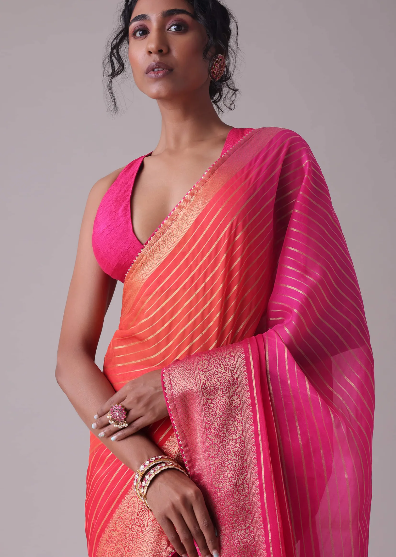 High-Risk Red Woven Ombre Saree In Organza