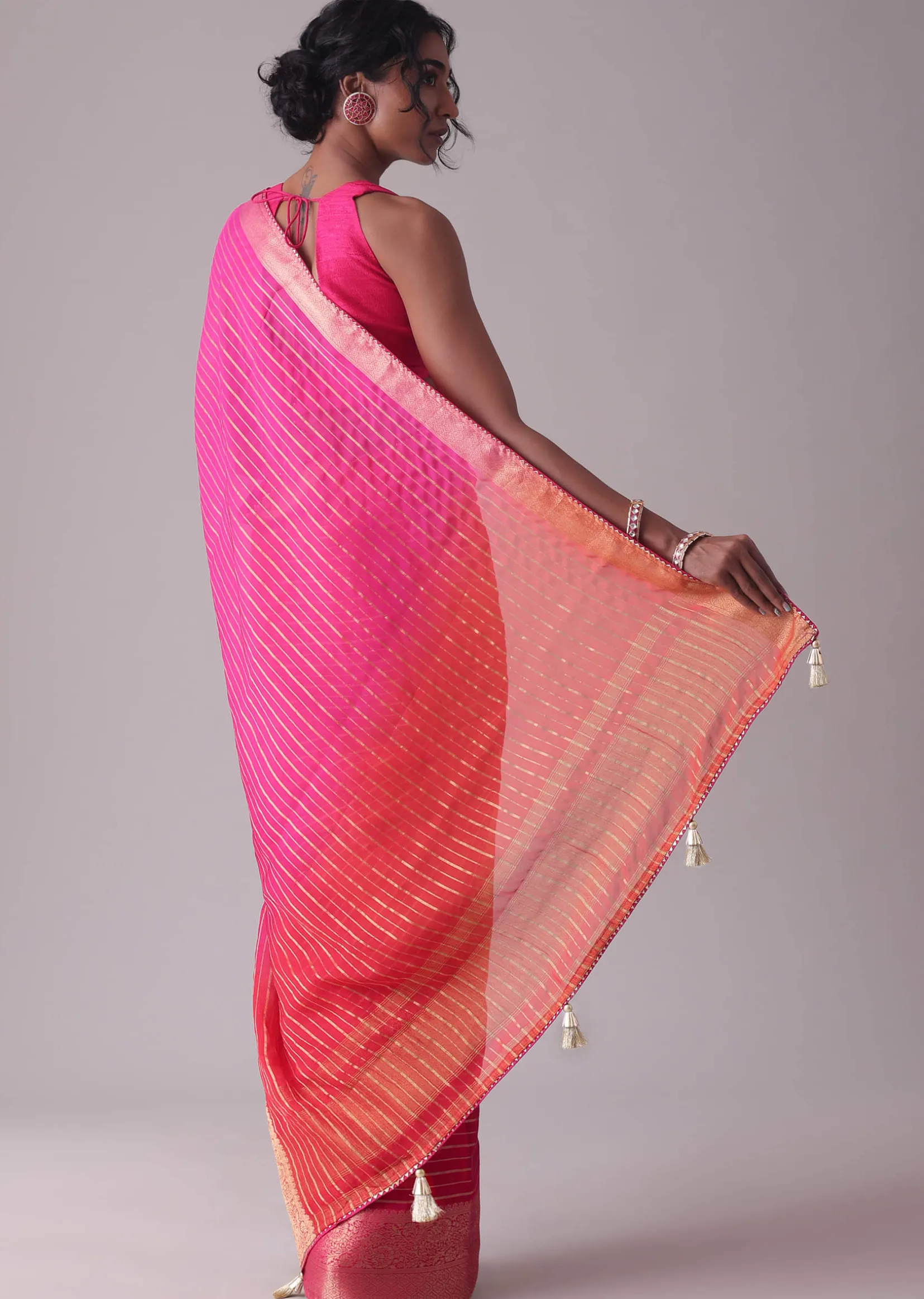 High-Risk Red Woven Ombre Saree In Organza