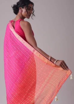 High-Risk Red Woven Ombre Saree In Organza