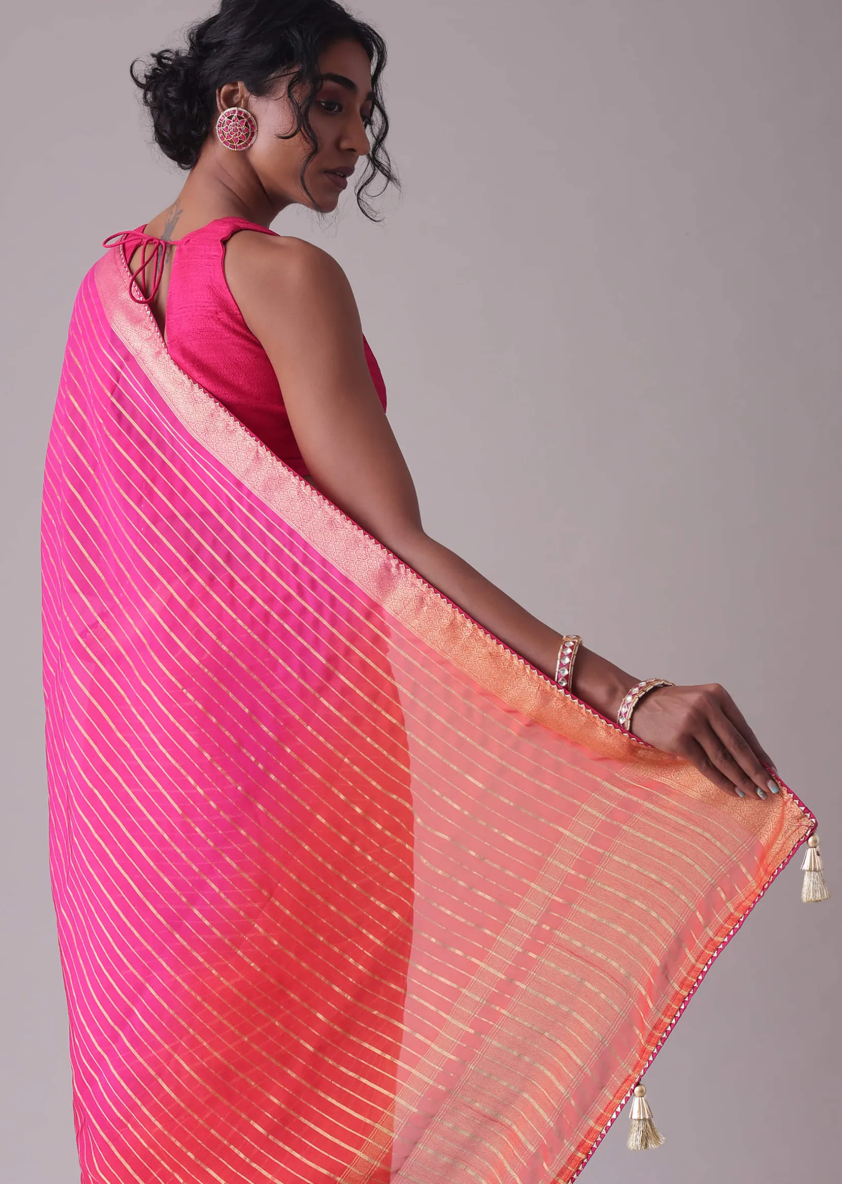 High-Risk Red Woven Ombre Saree In Organza