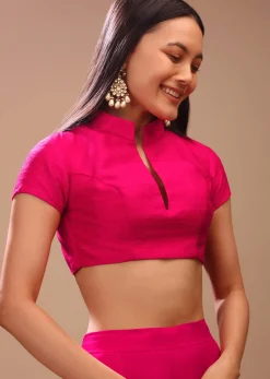 Hot Pink Blouse In Raw Silk With Mandarin Collar Neckline And Cap Sleeves