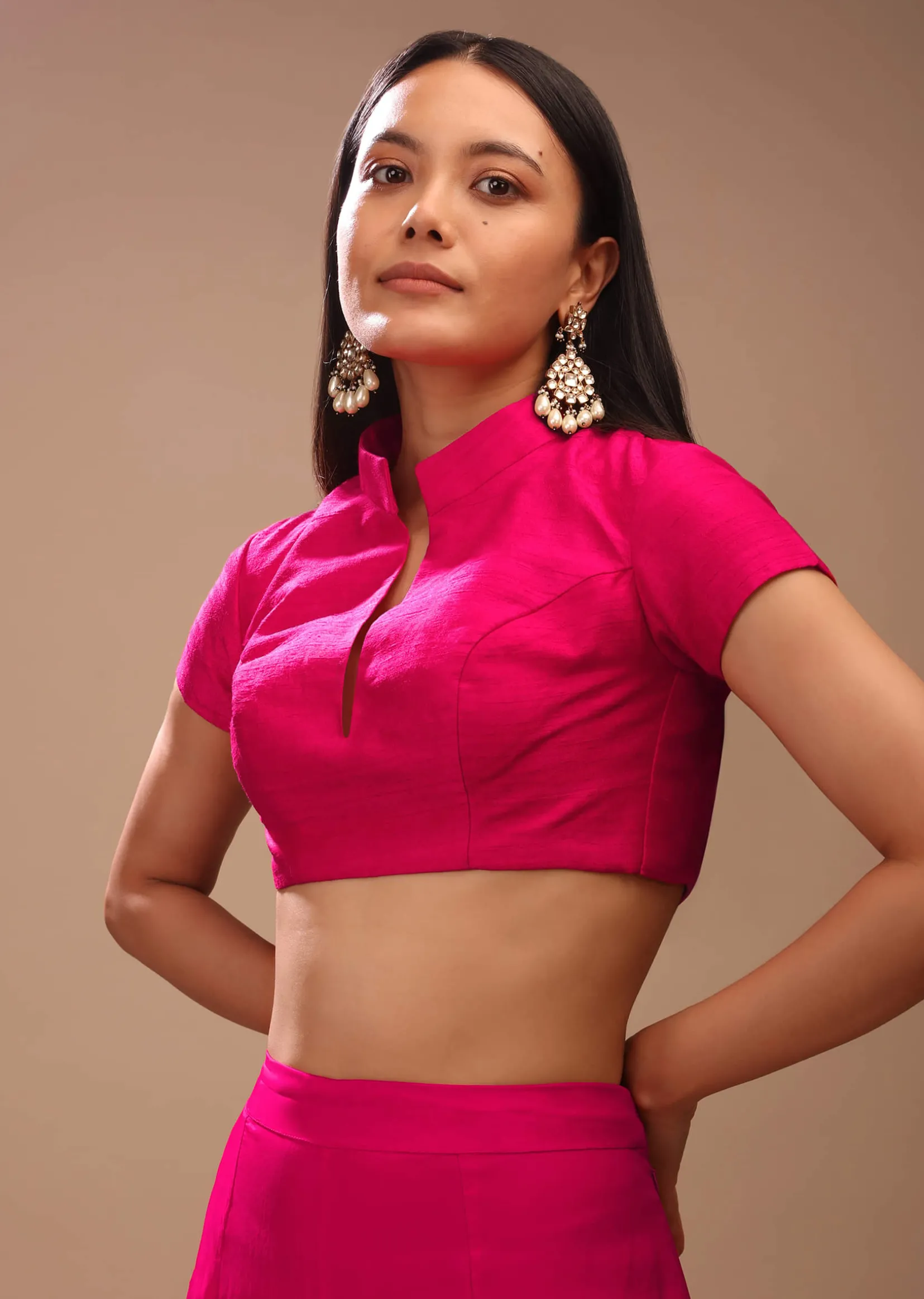 Hot Pink Blouse In Raw Silk With Mandarin Collar Neckline And Cap Sleeves